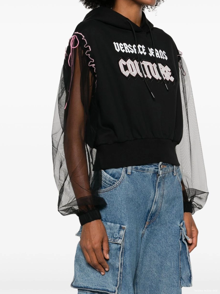 Affordable Embellished Couture Versace Gothic Logo hoodie Jeans Women 0809